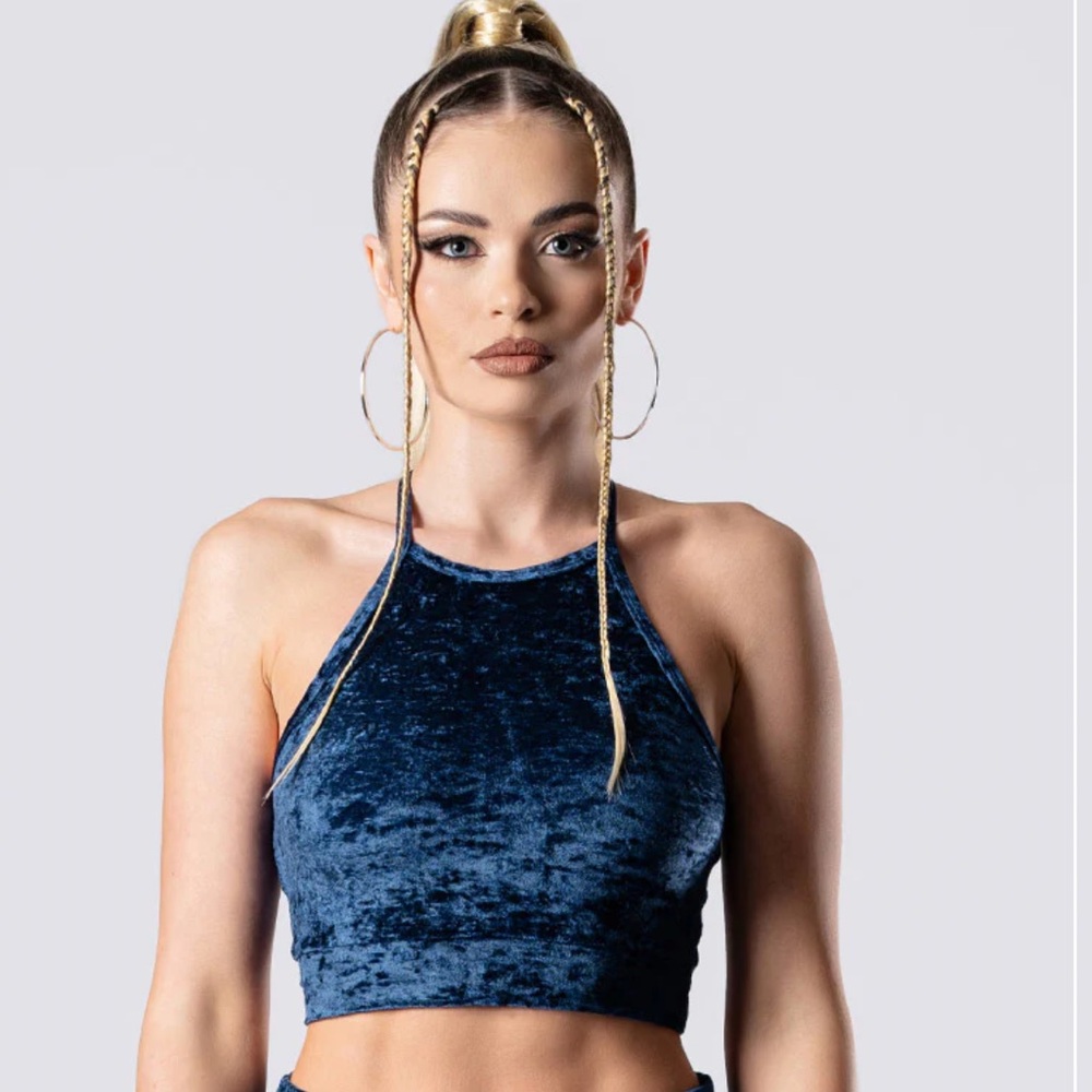 Elegant Velvet Halter Top in Navy Blue in Small